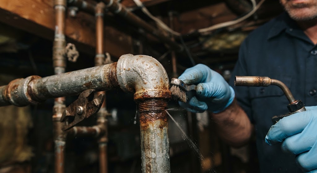 Plumber soldering a copper pipe for leaking pipe repair Mount Laurel