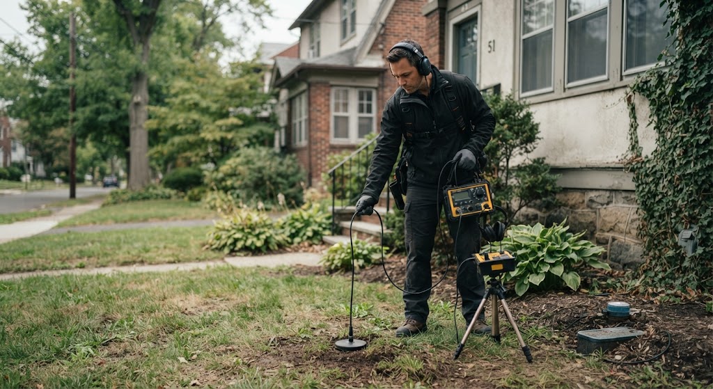 Technician performing underground water leak detection Mount Laurel in a front yard